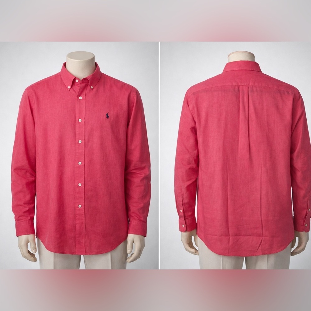 Ralph Lauren Custom Fit 100% Linen Pink Button Down Shirt XL Blue Pony
